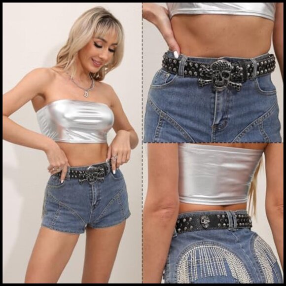 Rhinestone Skull Studded Belt with Eco-Friendly Leather main image 4